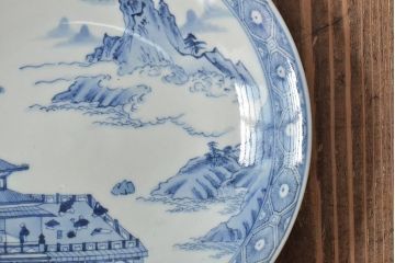 アンティーク雑貨　明治期　楼閣・山水・人物図　染付　八寸皿2枚セット(中皿、伊万里)(R-043072)