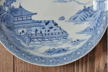 アンティーク雑貨　明治期　楼閣・山水・人物図　染付　八寸皿2枚セット(中皿、伊万里)(R-043072)