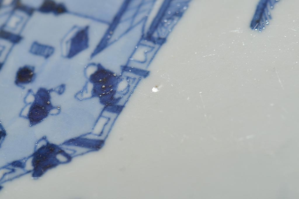 アンティーク雑貨　明治期　楼閣・山水・人物図　染付　八寸皿2枚セット(中皿、伊万里)(R-043072)