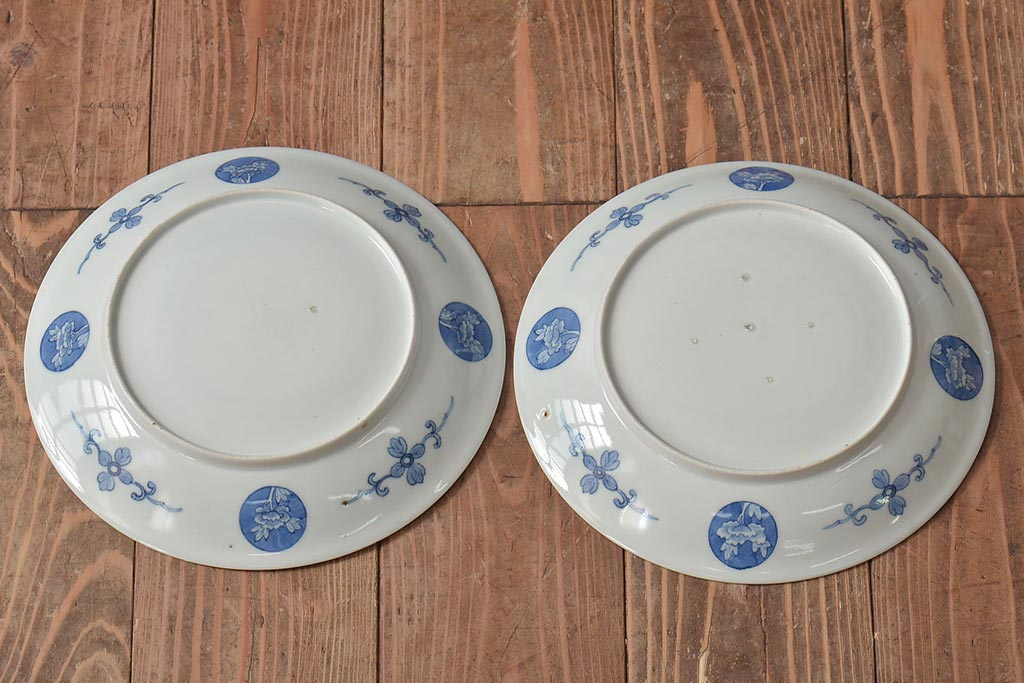 アンティーク雑貨　明治期　楼閣・山水・人物図　染付　八寸皿2枚セット(中皿、伊万里)(R-043072)