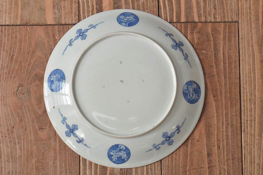 アンティーク雑貨　明治期　楼閣・山水・人物図　染付　八寸皿2枚セット(中皿、伊万里)(R-043072)