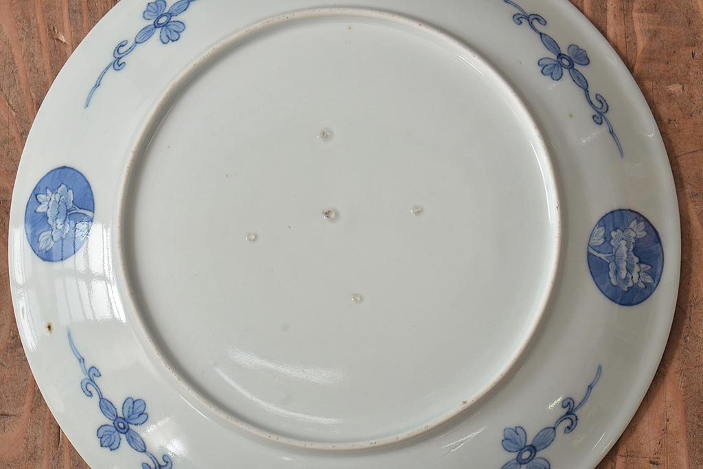 アンティーク雑貨　明治期　楼閣・山水・人物図　染付　八寸皿2枚セット(中皿、伊万里)(R-043072)