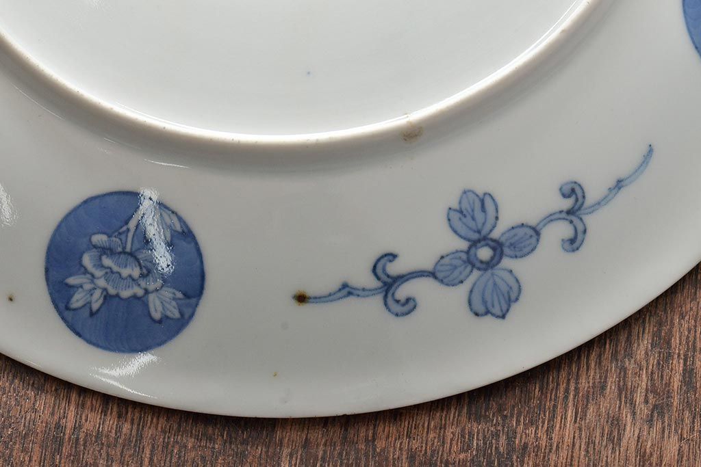 アンティーク雑貨　明治期　楼閣・山水・人物図　染付　八寸皿2枚セット(中皿、伊万里)(R-043072)