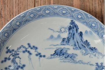 アンティーク雑貨 明治期 楼閣・山水・人物図 染付 八寸皿2枚セット(中皿、伊万里)(R-043073)