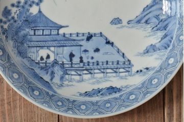 アンティーク雑貨 明治期 楼閣・山水・人物図 染付 八寸皿2枚セット(中皿、伊万里)(R-043073)