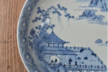 アンティーク雑貨 明治期 楼閣・山水・人物図 染付 八寸皿2枚セット(中皿、伊万里)(R-043073)