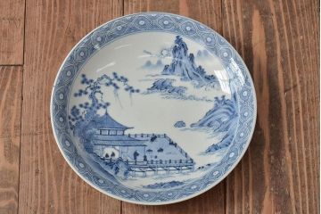 アンティーク雑貨　明治期　楼閣・山水・人物図　染付　八寸皿2枚セット(中皿、伊万里)(R-043073)