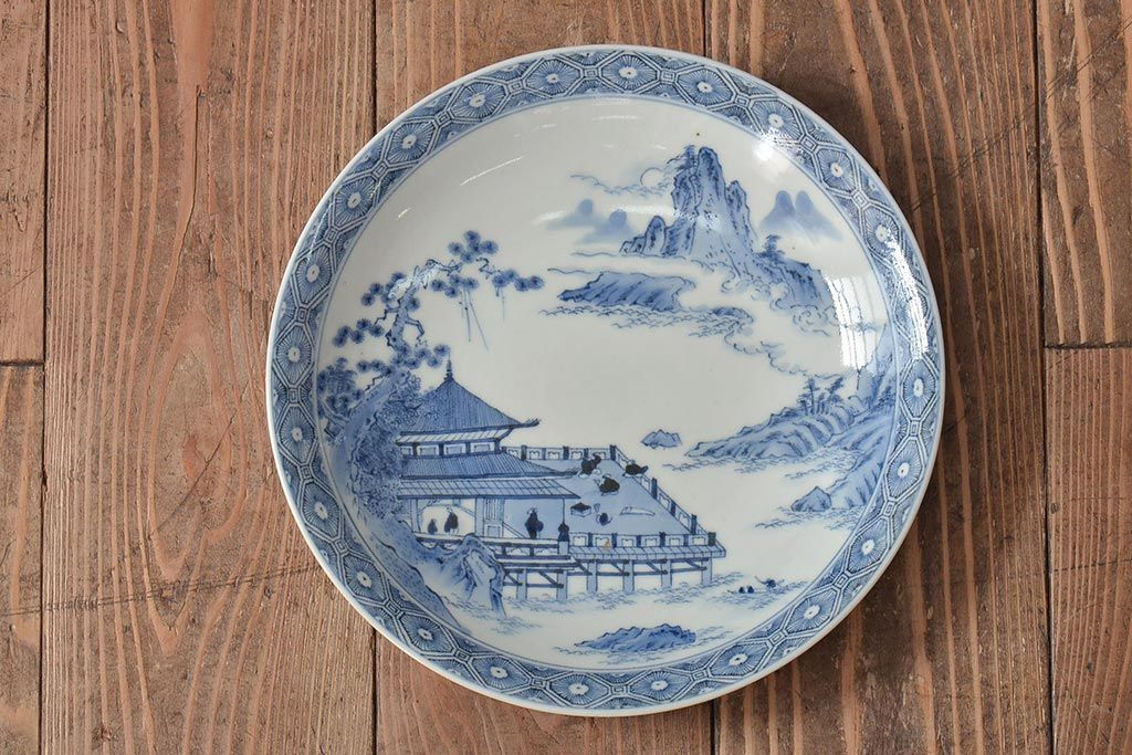 アンティーク雑貨　明治期　楼閣・山水・人物図　染付　八寸皿2枚セット(中皿、伊万里)(R-043083)
