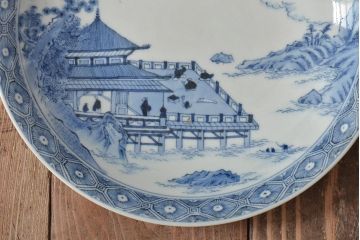 アンティーク雑貨　明治期　楼閣・山水・人物図　染付　八寸皿2枚セット(中皿、伊万里)(R-043083)