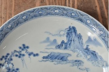 アンティーク雑貨　明治期　楼閣・山水・人物図　染付　八寸皿2枚セット(中皿、伊万里)(R-043083)