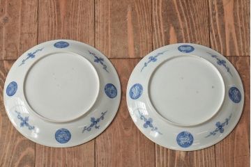 アンティーク雑貨　明治期　楼閣・山水・人物図　染付　八寸皿2枚セット(中皿、伊万里)(R-043083)