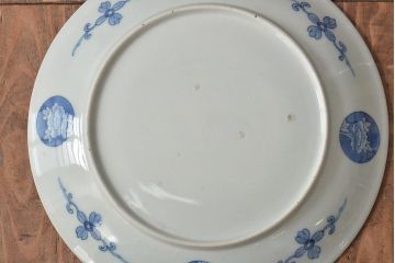 アンティーク雑貨　明治期　楼閣・山水・人物図　染付　八寸皿2枚セット(中皿、伊万里)(R-043083)