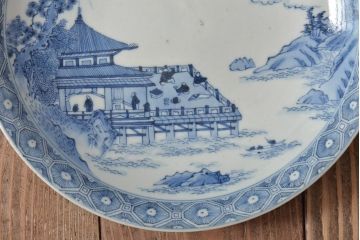 アンティーク雑貨　明治期　楼閣・山水・人物図　染付　八寸皿2枚セット(中皿、伊万里)(R-043084)