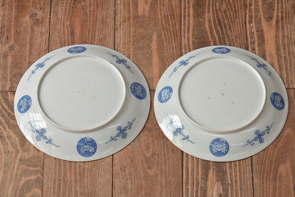 アンティーク雑貨　明治期　楼閣・山水・人物図　染付　八寸皿2枚セット(中皿、伊万里)(R-043085)