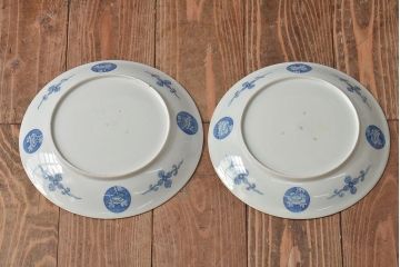 アンティーク雑貨　明治期　楼閣・山水・人物図　染付　八寸皿2枚セット(中皿、伊万里)(R-043085)