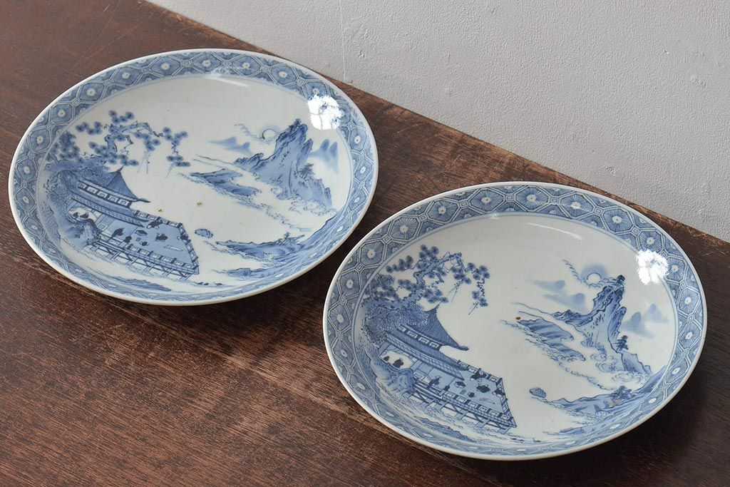 アンティーク雑貨 明治期 楼閣・山水・人物図 染付 八寸皿2枚セット(中皿、伊万里)(R-043086)