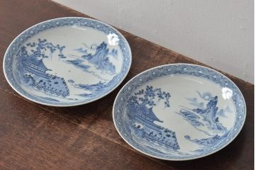アンティーク雑貨 明治期 楼閣・山水・人物図 染付 八寸皿2枚セット(中皿、伊万里)(R-043086)