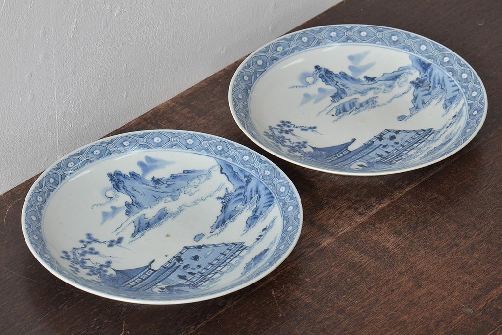 アンティーク雑貨 明治期 楼閣・山水・人物図 染付 八寸皿2枚セット(中皿、伊万里)(R-043086)