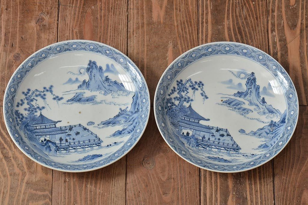 アンティーク雑貨 明治期 楼閣・山水・人物図 染付 八寸皿2枚セット(中皿、伊万里)(R-043086)