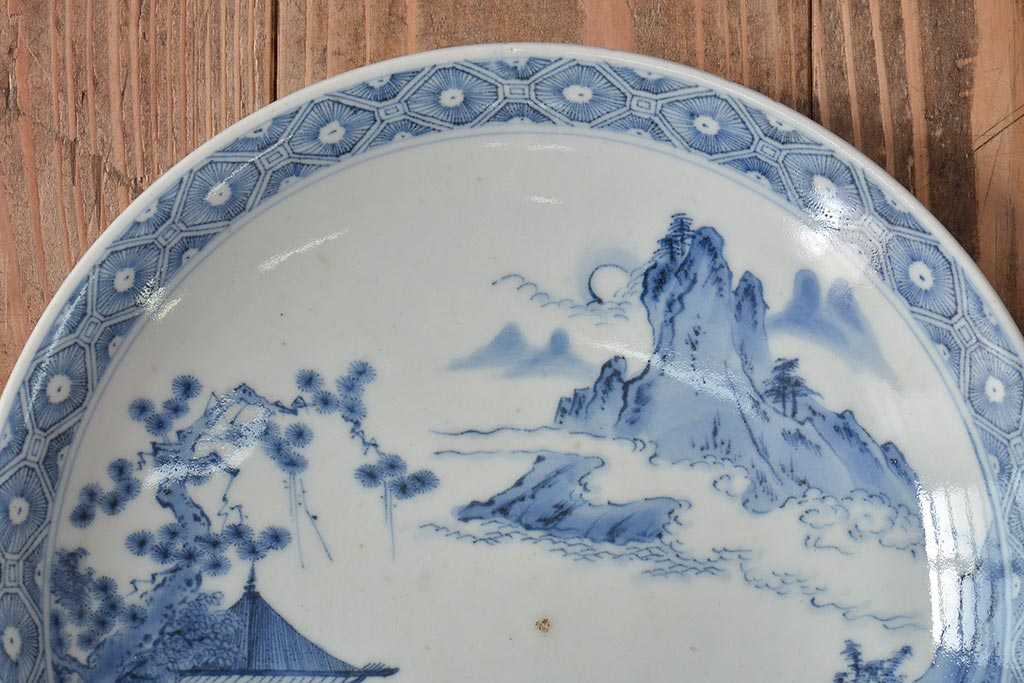アンティーク雑貨 明治期 楼閣・山水・人物図 染付 八寸皿2枚セット(中皿、伊万里)(R-043086)