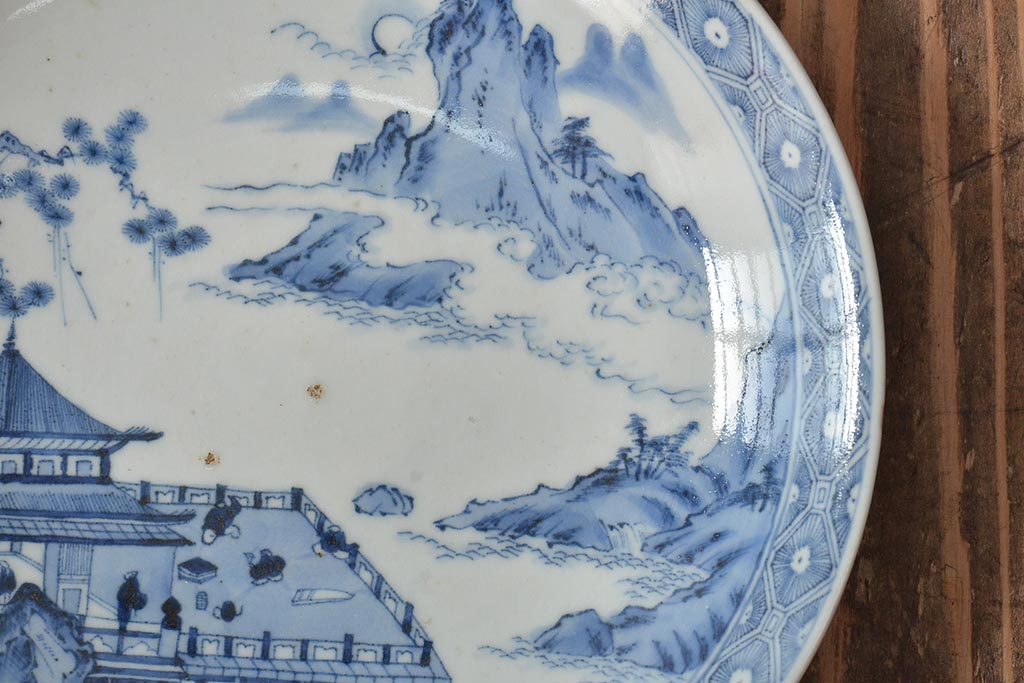 アンティーク雑貨 明治期 楼閣・山水・人物図 染付 八寸皿2枚セット(中皿、伊万里)(R-043086)