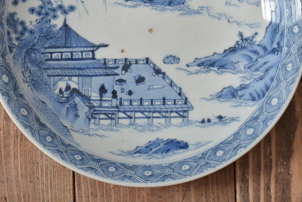 アンティーク雑貨 明治期 楼閣・山水・人物図 染付 八寸皿2枚セット(中皿、伊万里)(R-043086)