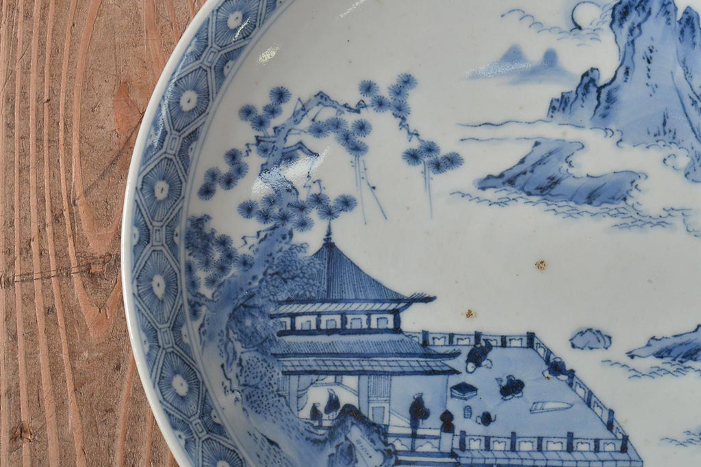 アンティーク雑貨 明治期 楼閣・山水・人物図 染付 八寸皿2枚セット(中皿、伊万里)(R-043086)