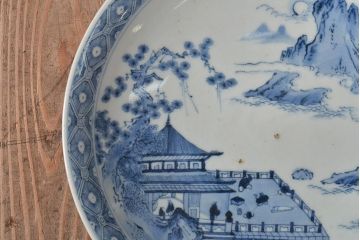 アンティーク雑貨 明治期 楼閣・山水・人物図 染付 八寸皿2枚セット(中皿、伊万里)(R-043086)