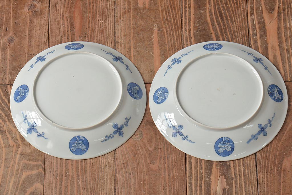 アンティーク雑貨 明治期 楼閣・山水・人物図 染付 八寸皿2枚セット(中皿、伊万里)(R-043086)