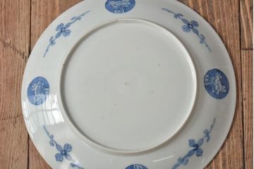 アンティーク雑貨 明治期 楼閣・山水・人物図 染付 八寸皿2枚セット(中皿、伊万里)(R-043086)