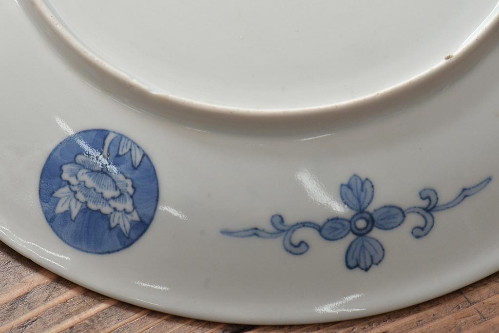 アンティーク雑貨 明治期 楼閣・山水・人物図 染付 八寸皿2枚セット(中皿、伊万里)(R-043086)