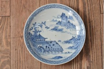 アンティーク雑貨　明治期　楼閣・山水・人物図　染付　八寸皿2枚セット(中皿、伊万里)(R-043086)