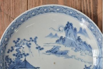 アンティーク雑貨　明治期　楼閣・山水・人物図　染付　八寸皿2枚セット(中皿、伊万里)(R-043086)