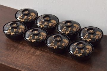 大正昭和初期　鉄線図黒漆塗木製椀8客セット(蓋付き椀、漆器、和食器)(R-043087)