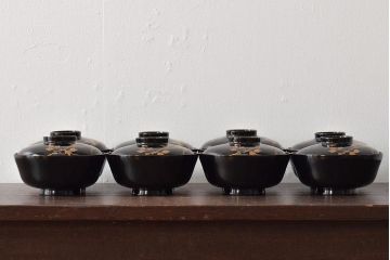 大正昭和初期　鉄線図黒漆塗木製椀8客セット(蓋付き椀、漆器、和食器)(R-043087)