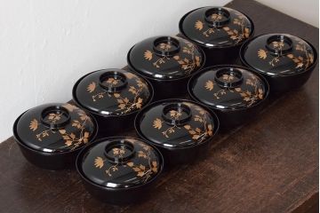 大正昭和初期　鉄線図黒漆塗木製椀8客セット(蓋付き椀、漆器、和食器)(R-043087)