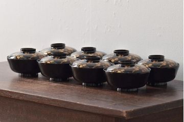 大正昭和初期　鉄線図黒漆塗木製椀8客セット(蓋付き椀、漆器、和食器)(R-043087)