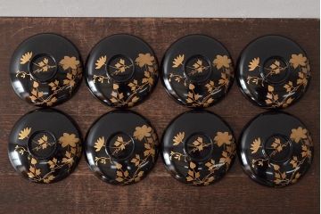 大正昭和初期　鉄線図黒漆塗木製椀8客セット(蓋付き椀、漆器、和食器)(R-043087)