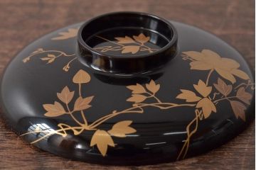 大正昭和初期　鉄線図黒漆塗木製椀8客セット(蓋付き椀、漆器、和食器)(R-043087)