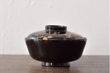 大正昭和初期　鉄線図黒漆塗木製椀8客セット(蓋付き椀、漆器、和食器)(R-043087)