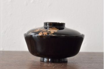 大正昭和初期　鉄線図黒漆塗木製椀8客セット(蓋付き椀、漆器、和食器)(R-043087)