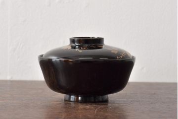 大正昭和初期　鉄線図黒漆塗木製椀8客セット(蓋付き椀、漆器、和食器)(R-043087)