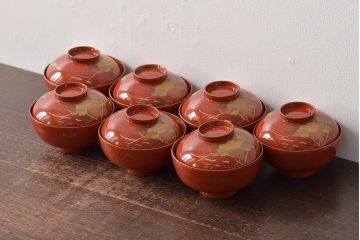 アンティーク雑貨　大正昭和初期　花蝶蒔絵木製椀7客セット(漆器、お椀、和食器)(R-043088)