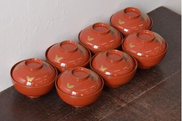 アンティーク雑貨　大正昭和初期　花蝶蒔絵木製椀7客セット(漆器、お椀、和食器)(R-043088)