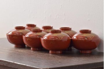アンティーク雑貨　大正昭和初期　花蝶蒔絵木製椀7客セット(漆器、お椀、和食器)(R-043088)