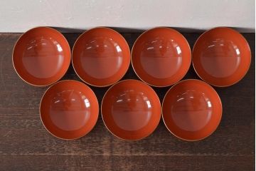 アンティーク雑貨　大正昭和初期　花蝶蒔絵木製椀7客セット(漆器、お椀、和食器)(R-043088)