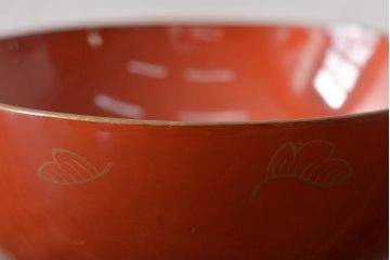 アンティーク雑貨　大正昭和初期　花蝶蒔絵木製椀7客セット(漆器、お椀、和食器)(R-043088)