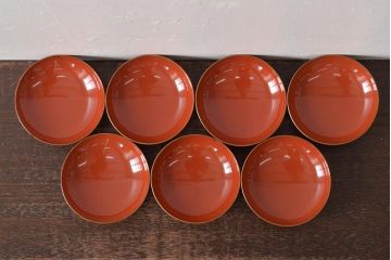 アンティーク雑貨　大正昭和初期　花蝶蒔絵木製椀7客セット(漆器、お椀、和食器)(R-043088)