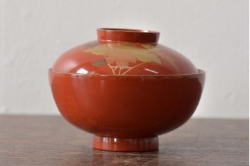 アンティーク雑貨　大正昭和初期　花蝶蒔絵木製椀7客セット(漆器、お椀、和食器)(R-043088)