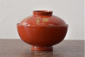 アンティーク雑貨　大正昭和初期　花蝶蒔絵木製椀7客セット(漆器、お椀、和食器)(R-043088)